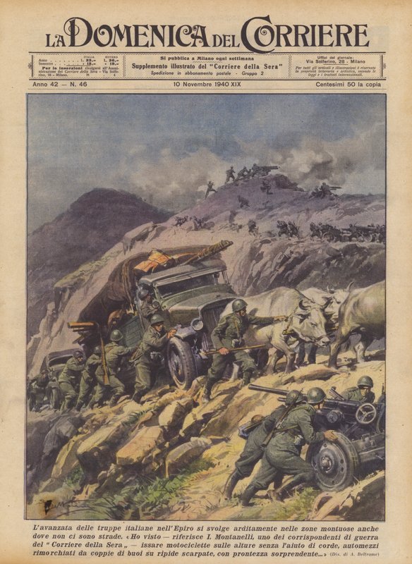 Italian joukkojen eteneminen Epirukselle tapahtuu rohkeasti vuoristoisilla alueilla, vaikka teitä ei olisikaan (väri litho) od Achille Beltrame