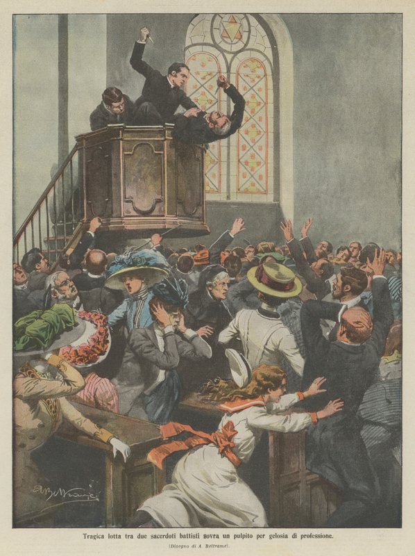Tragický boj mezi dvěma baptistickými kněžími na kazatelně kvůli žárlivosti na povolání (barva litho) od Achille Beltrame