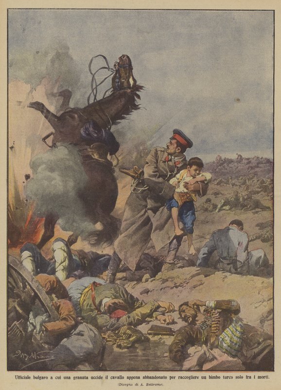 Bulharský důstojník, kterému granát zabije koně právě opuštěného, ​​aby vyzvedl dítě? od Achille Beltrame