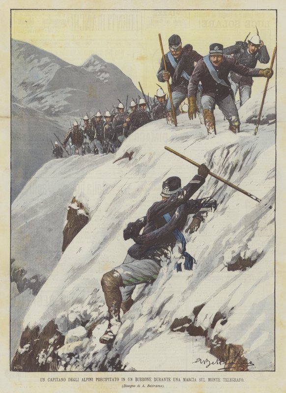 Kapitán Alpini narazil do rokle během pochodu na Mount Telegraph od Achille Beltrame