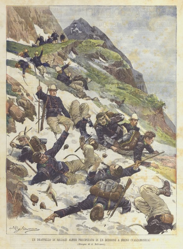 Lapání alpských vojáků padlých do rokle v Brenu (Valcamonica) od Achille Beltrame
