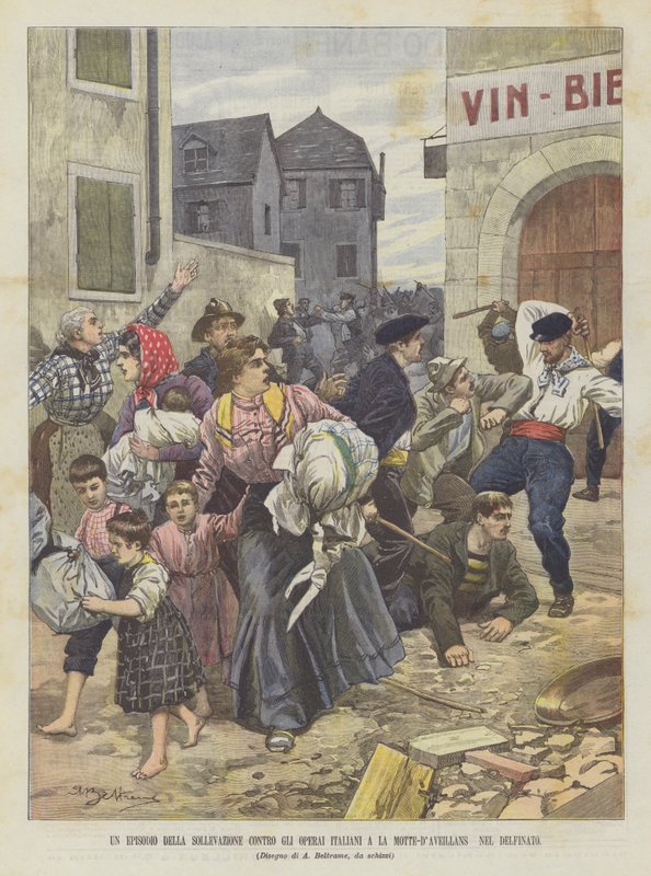 Epizoda povstání proti italským dělníkům v La Motte-DAveillans Nel Dauphiné od Achille Beltrame
