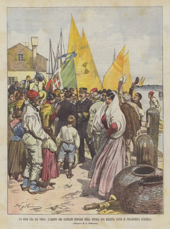 Hrdina mezi skromnými, příjezd kapitána Zennara na jeho chudý rodný ostrov Pellestrina (Benátky) od Achille Beltrame