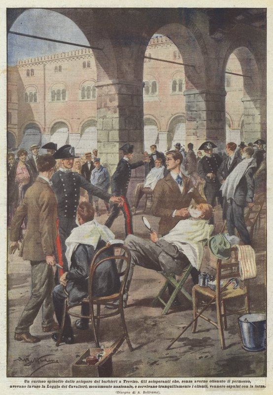 Kuriózní epizoda stávky holičů v Trevisu od Achille Beltrame
