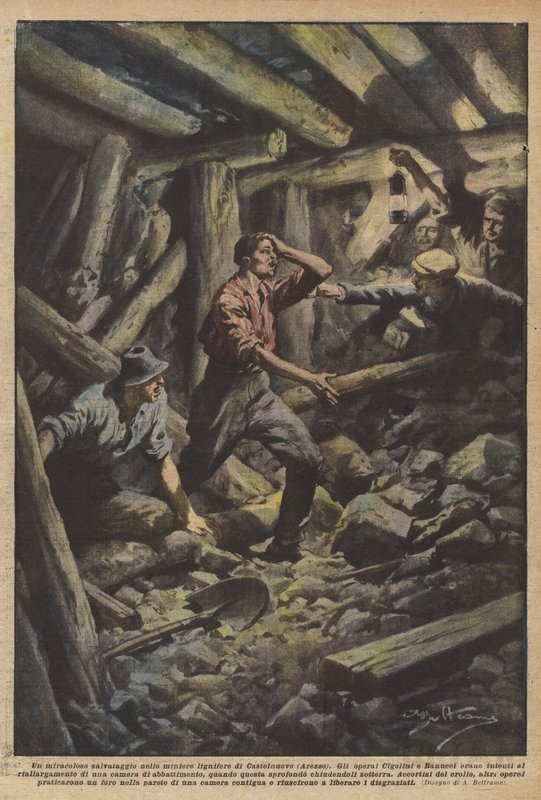 Zázračná záchrana v dřevěných dolech Castelnuovo (Arezzo) od Achille Beltrame