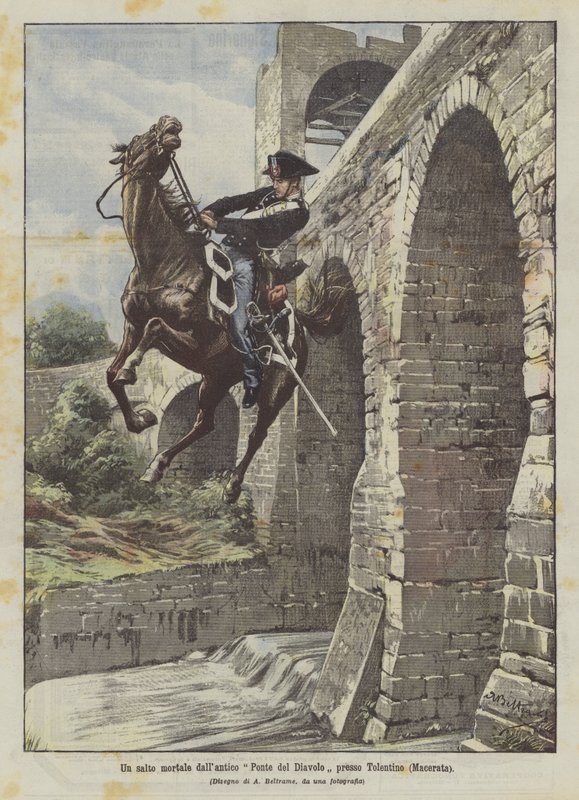 Salto ze starověkého Ďáblova mostu poblíž Tolentina (Macerata) od Achille Beltrame