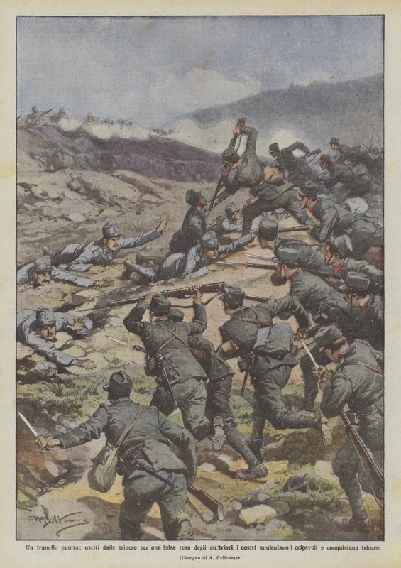 Potrestaná past, vyjít ze zákopů pro falešnou kapitulaci Rakušanů, náš Aunienfano? od Achille Beltrame