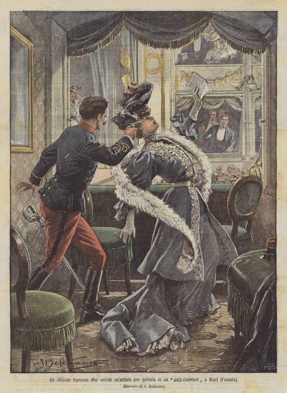 Francouzský důstojník zabije umělce ze žárlivosti v kavárně v Niortu (Francie) od Achille Beltrame