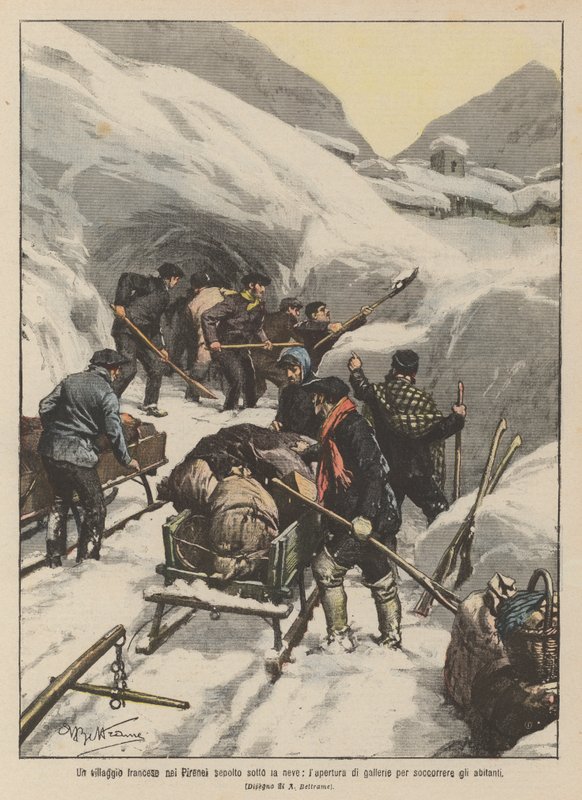 Francouzská vesnice v Pyrenejích zasypaná sněhem, otevření tunelů na záchranu obyvatel od Achille Beltrame