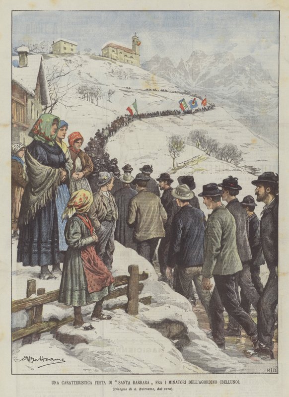 Charakteristický svátek Santa Barbara mezi horníky Agordino (Belluno) od Achille Beltrame