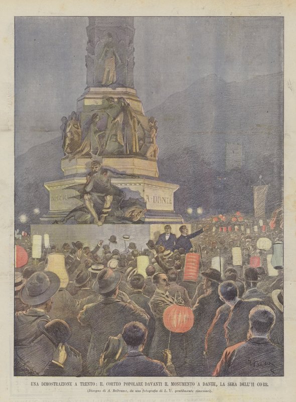 Demonstrace v Trentu, populární procesí před památníkem Dante, La Sera Dell11 Corr od Achille Beltrame