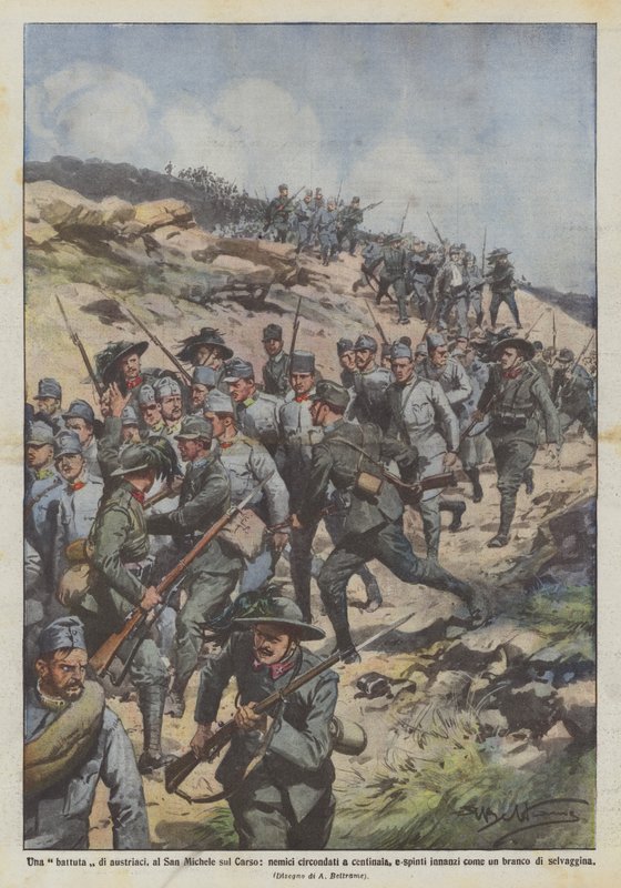 Vtip Rakušanů, v San Michele sul Carso, nepřátel obklopených stovkami? od Achille Beltrame