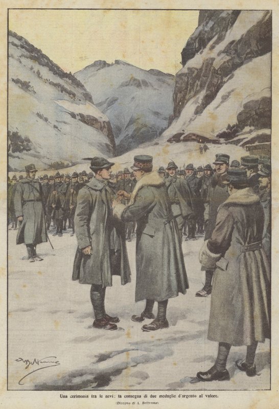Slavnostní ceremoniál na sněhu, udělení dvou stříbrných medailí za statečnost od Achille Beltrame