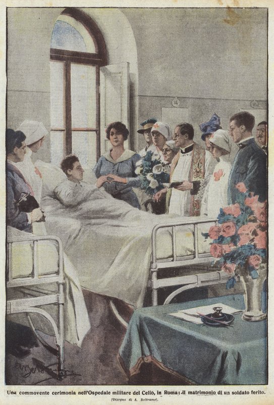 Dojemný obřad ve vojenské nemocnici Celio v Římě, svatba zraněného vojáka od Achille Beltrame
