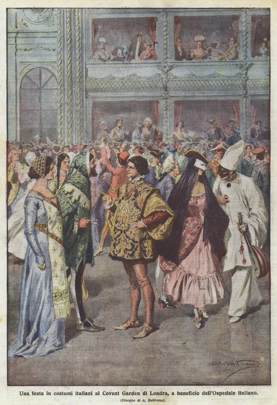 Party v italských kostýmech v londýnské Covent Garden ve prospěch italské nemocnice od Achille Beltrame