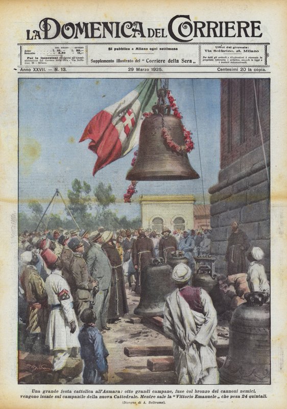 Velká katolická slavnost v Asmaře, osm velkých zvonů odlitých z bronzu z nepřátelských děl? od Achille Beltrame