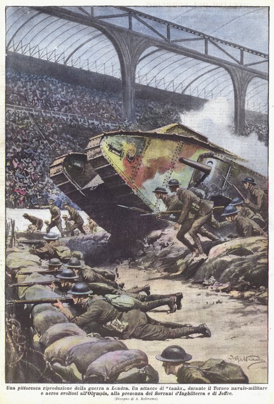 Malebná reprodukce války v Londýně od Achille Beltrame
