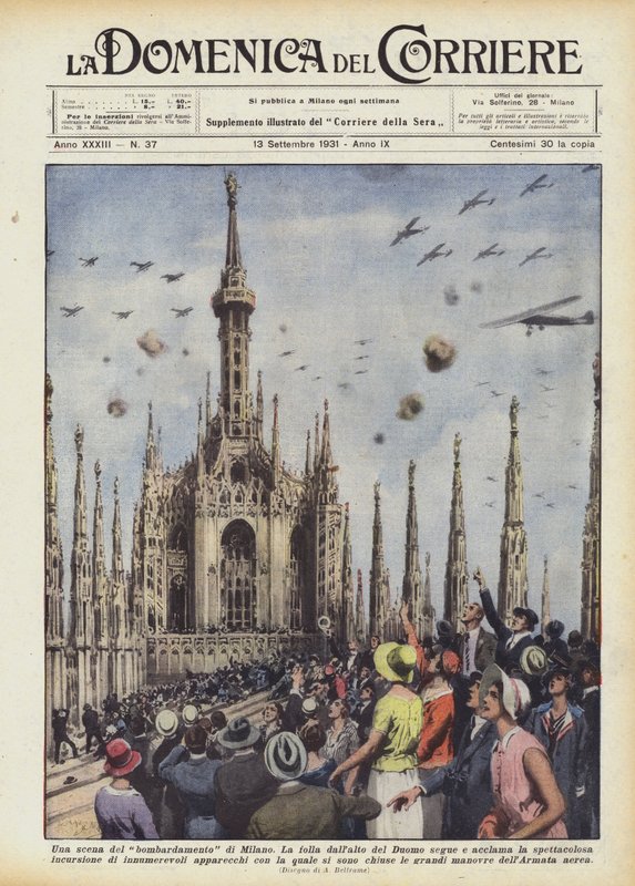 Scéna z bombardování Milána od Achille Beltrame