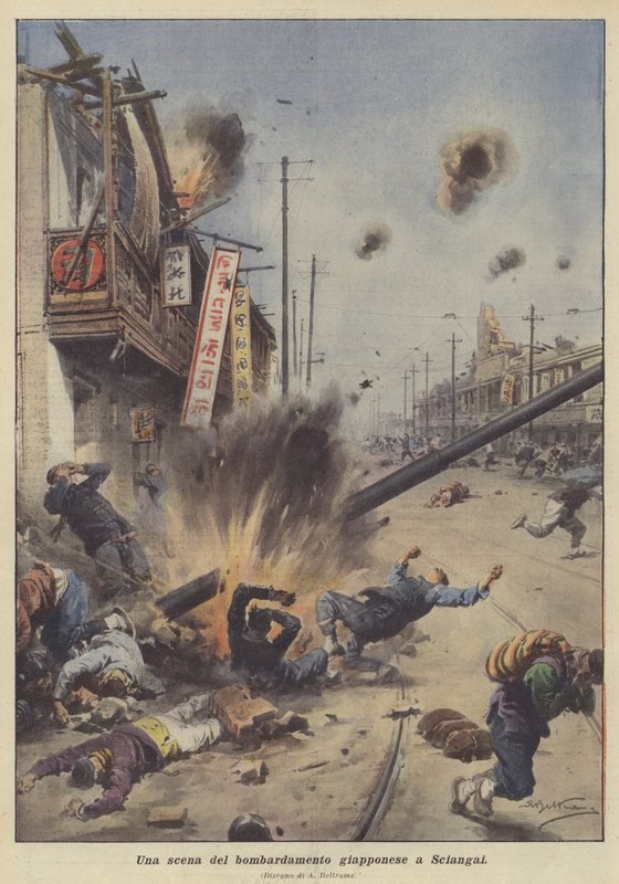 Scéna z japonského bombardování Šanghaje od Achille Beltrame