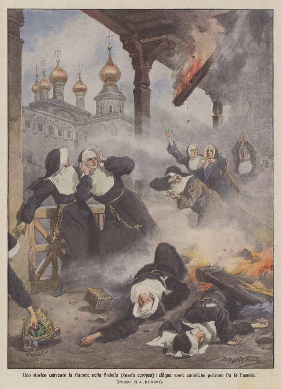Hořící historický klášter v Podolí (evropské Rusko), pět katolických jeptišek zahynulo v plamenech od Achille Beltrame