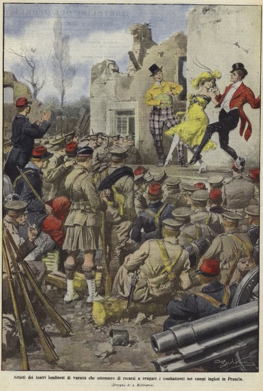 Varietní umělci londýnských divadel bavící britské vojáky v táborech ve Francii od Achille Beltrame