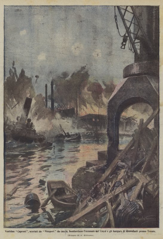 Dvaadvacet Capronů v doprovodu stíhaček Nieuport bombarduje Lloydovu loděnici a hangáry? od Achille Beltrame
