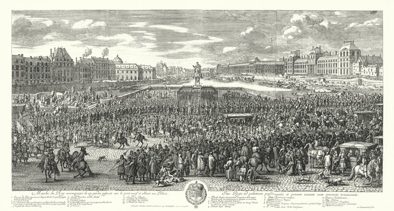 Ludvík XIV. Francie a jeho stráž překračující Pont-Neuf v Paříži na cestě do Palais du Louvre (rytina) od Adam Frans van der Meulen