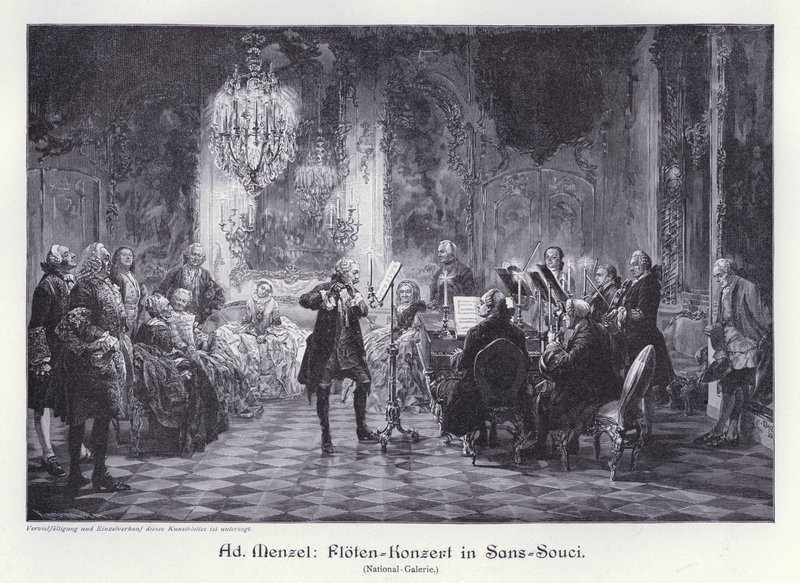 Flétnový koncert v paláci Sanssouci, Postupim, Prusko (rytina) od Adolph Friedrich Erdmann von (after) Menzel
