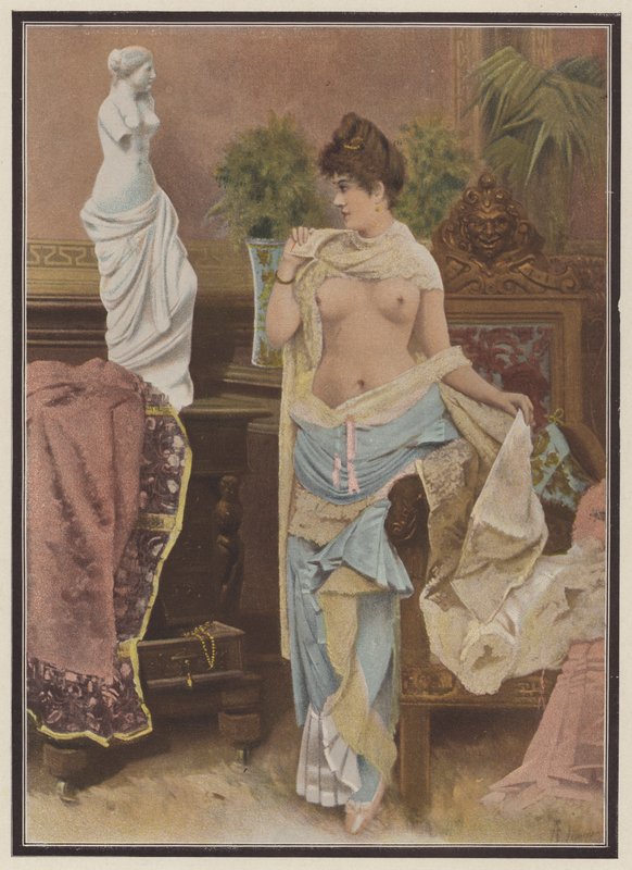 Žena se srovnává se sochou Venuše de Milo (barevná lito) od Adolphe Frederic Lejeune