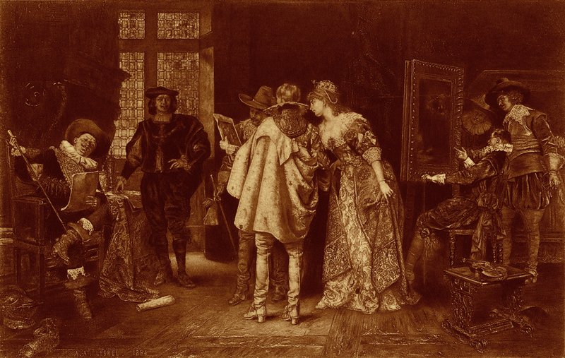 Znalci v Rembrandtově studiu, ilustrace z filmu „Velcí muži a slavné ženy“ (litho) od Adolphe Alexandre (after) Lesrel
