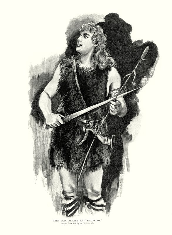 Německý tenorista Max Alvary jako Siegfried v opeře Richarda Wagnera Die Walkure v Royal Opera House, Covent Garden, Londýn (litho) od Adolphe Birkenruth