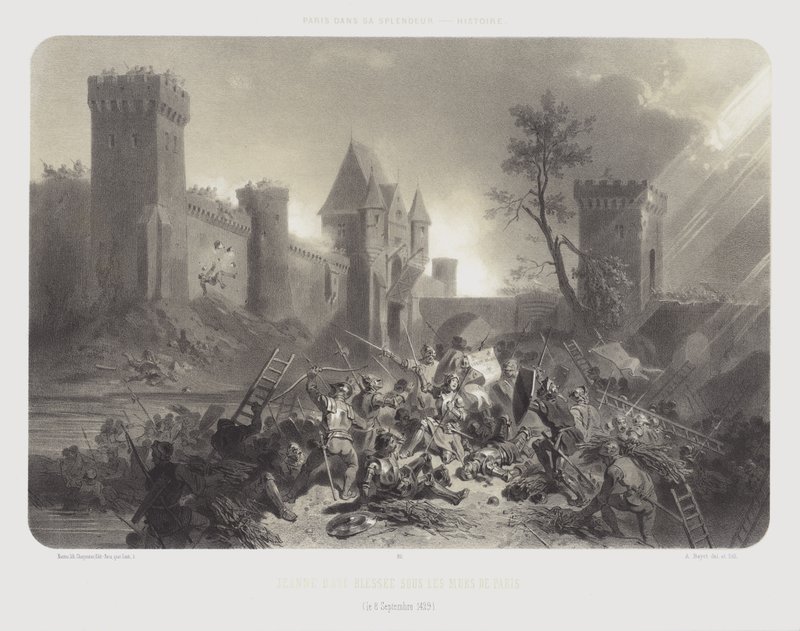 Johanka z Arku zraněná před hradbami Paříže, 8. září 1429 (litho) od Adolphe Jean Baptiste (after) Bayot
