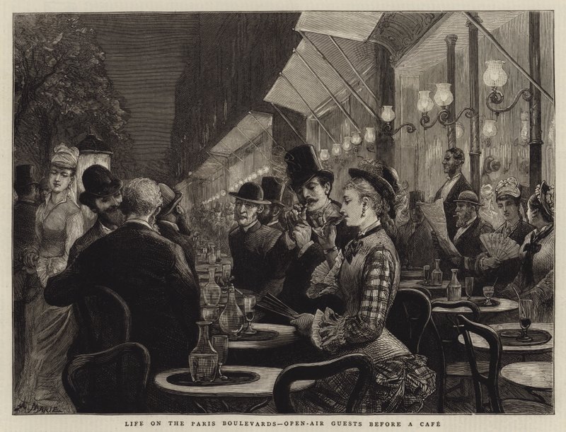 Život na pařížských bulvárech, hosté pod širým nebem před kavárnou od Adrien Emmanuel Marie