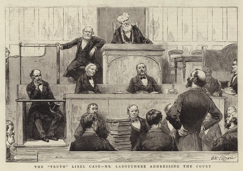 Případ Truth Libel Case, pan Labouchere vystupuje u soudu od Adrien Emmanuel Marie