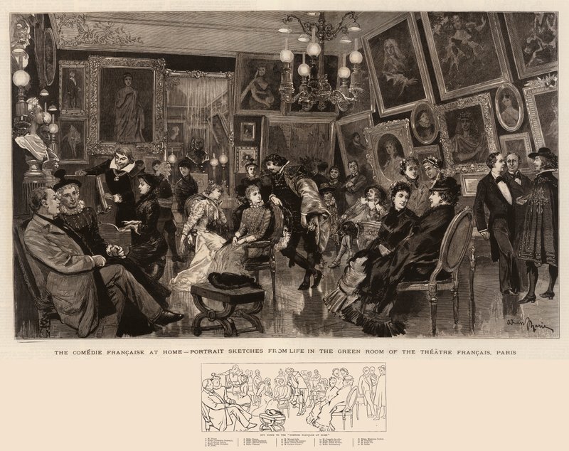 Francouzská komedie doma, portrétní náčrtky ze života v zeleném sále divadla Francais v Paříži od Adrien Emmanuel Marie