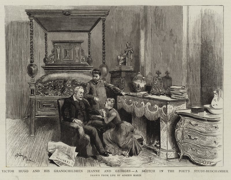 Victor Hugo a jeho vnuci Jeanne a Georges, skica v básníkově pracovně a ložnici od Adrien Emmanuel Marie