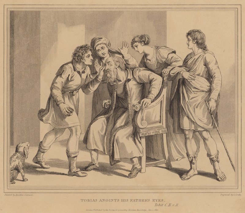 Tobias pomaže oči svého otce, Tobite od Agostino Carracci