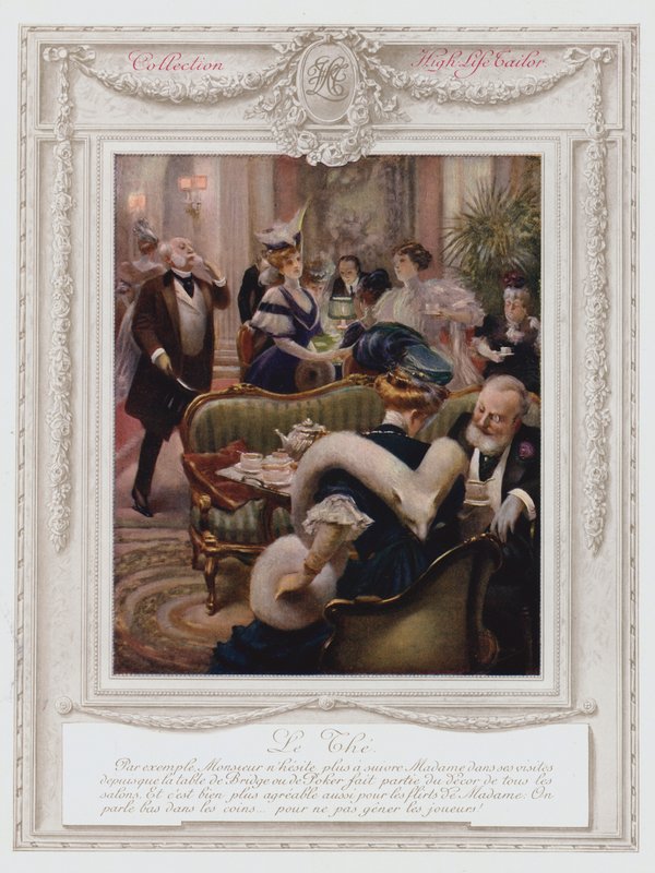 Belle Epoque Paris, módní dáma s čajem (barevné lito) od Albert Guillaume