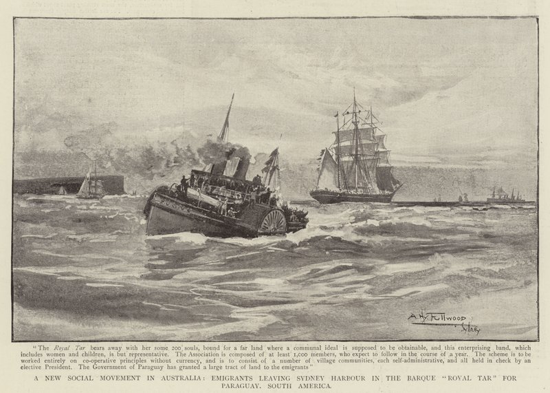 Nové sociální hnutí v Austrálii, emigranti opouštějící přístav Sydney v Barque Royal Tar do Paraguaye v Jižní Americe od Albert Henry Fullwood