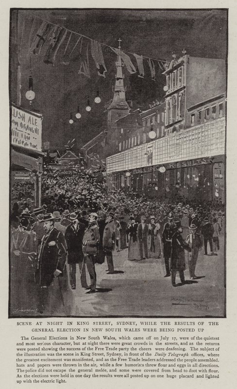 Noční scéna na King Street v Sydney, zatímco byly zveřejňovány výsledky všeobecných voleb v Novém Jižním Walesu od Albert Henry Fullwood