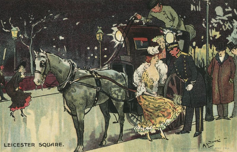 Žena opouštějící kočár, Leicester Square (barva litho) od Albert Jnr. Ludovici
