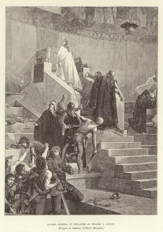 Sciarra Colonna a Guillaume de Nogaret v Anagni. Sciarra Colonna a Guillaume de Nogaret konfrontující papeže Bonifáce VIII. v Anagni, Itálie od Albert Pierre Rene Maignan
