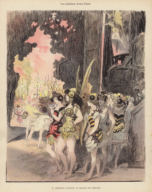 V zákulisí během produkce Ballet des Insectes v Theatre du Chatelet v Paříži (barevné lito) od Albert Robida