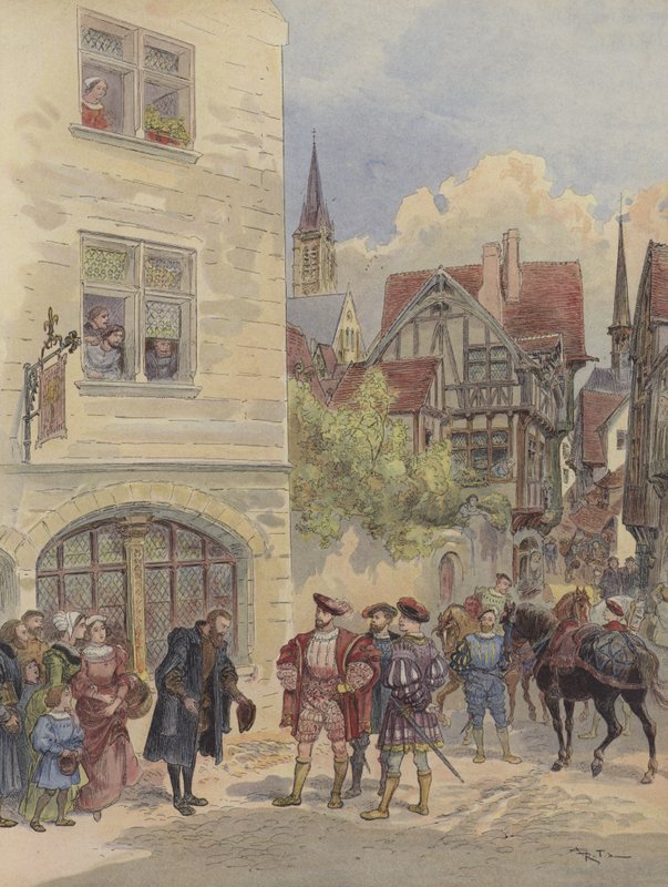 Francois Ier je přijat Estiennem u dveří jeho tiskárny, na znamení Oliviera, rue Saint-Jean-de-Beauvais, v Paříži od Albert Robida