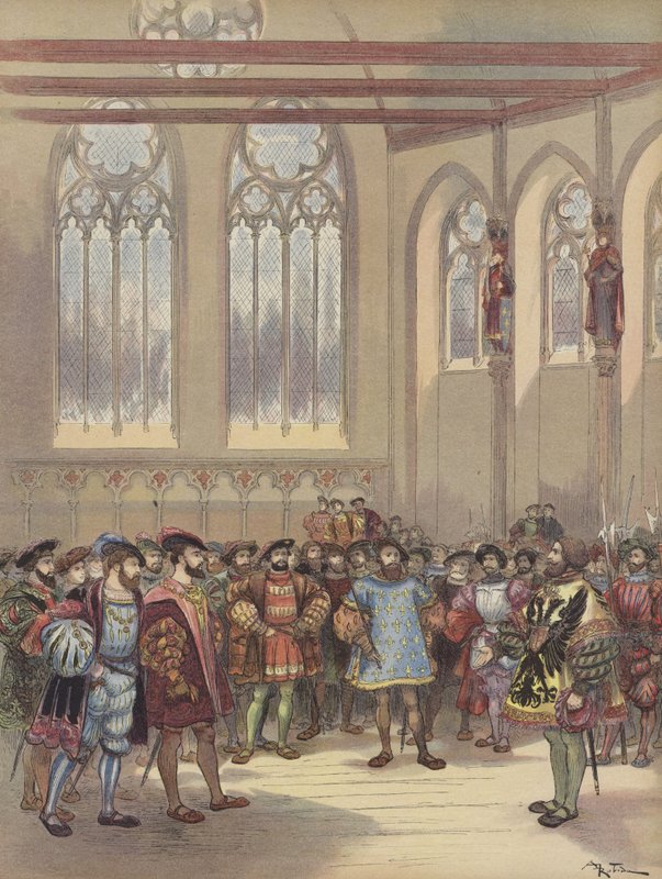 Herold Burgundska, poslaný Charles-Quintem, je přijat Francoisem Ierem ve velkém sále parlamentu od Albert Robida
