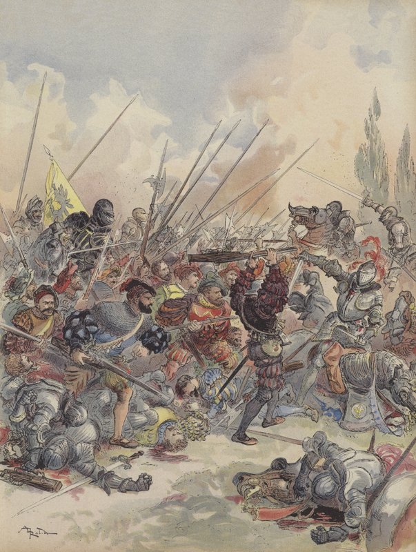 Král v Pavii padá z koně, zraněný, bojuje proti mraku útočníků, který ho obklopuje (barva litho) od Albert Robida