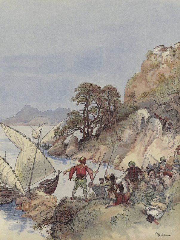 Barbaři terorizují pobřeží Středozemního moře, unášejí obyvatele, aby je prodali jako otroky od Albert Robida