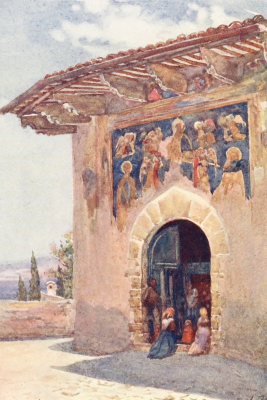 Kaple poutníků, Assisi (barevná litografie) od Alberto Pisa