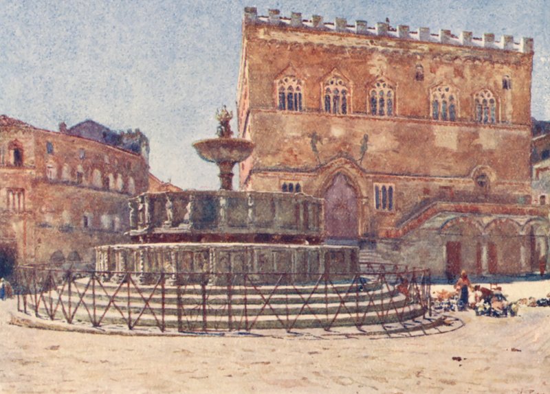 Piazza S Lorenzo, Perugia (barevná litografie) od Alberto Pisa
