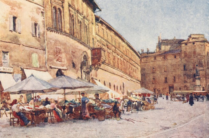 Tržní náměstí, Perugia (barevná litografie) od Alberto Pisa